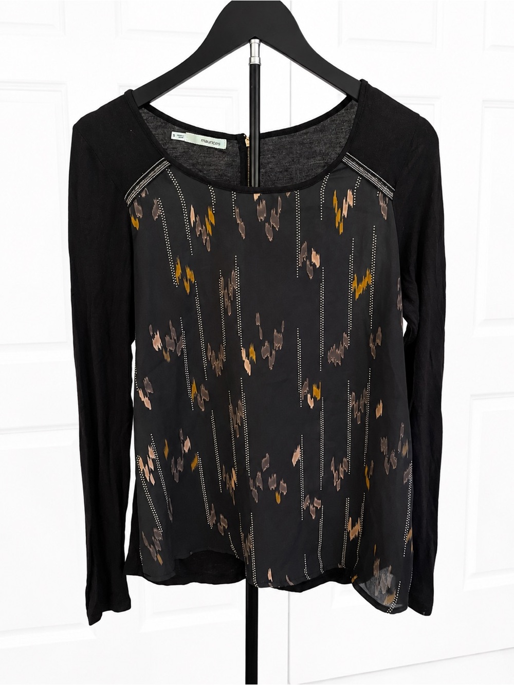 Maurices Black Long-Sleeve Mixed-Media Top with Mustard and Taupe Accents